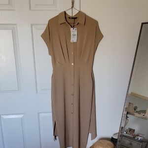 Elegant Tan Button-Down Dress